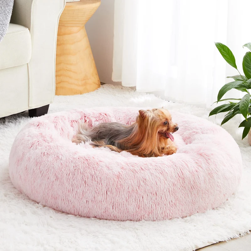 WNPETHOME Lit Donut apaisant pour chien et chat | Faux pelage, auto-chauffant, 20 x 20 x 8 po, Rose clair