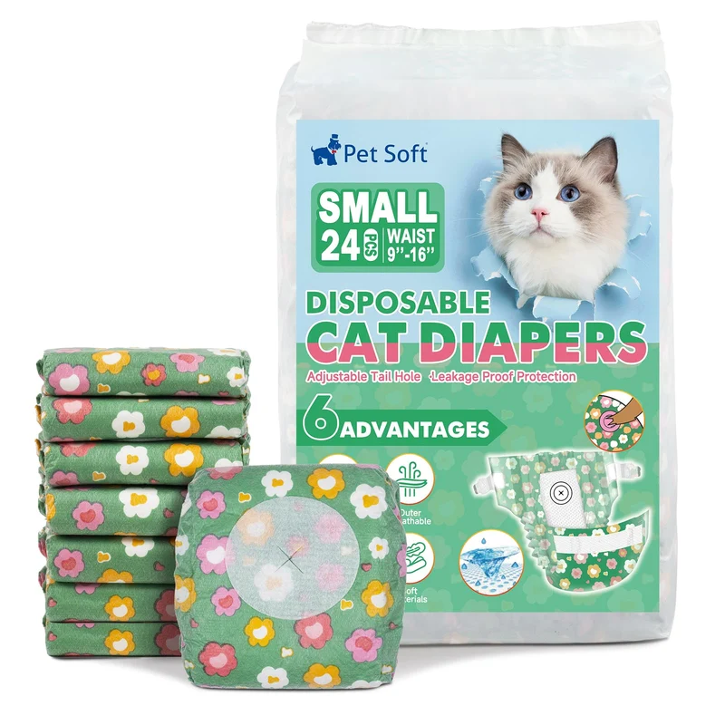 Pet Soft Couches jetables pour chats – Femelle & Mâle, Trou ajustable, 24 pièces GN Fleurs