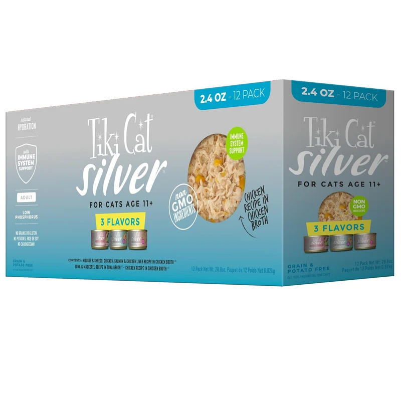 Tiki Cat Silver Pack Senior 11+ – Nourriture humide pour chats âgés (12 boîtes 2,4 oz)