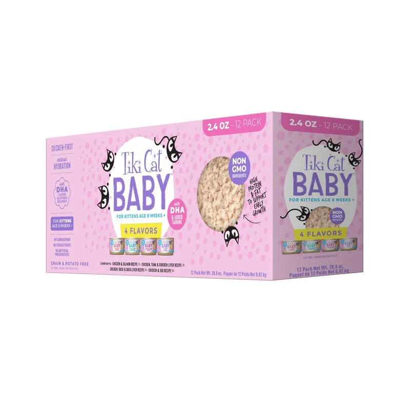 Pack Variété Tiki Cat Baby – Repas Humide pour Chatons 8+ Semaines, Protéines Élevées (12 boîtes 2.4 oz)