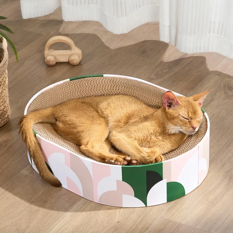 Conlun Grattoir Chat Carton Ovale 2-en-1 — Aire de Griffage et Banc de Repos Intérieur