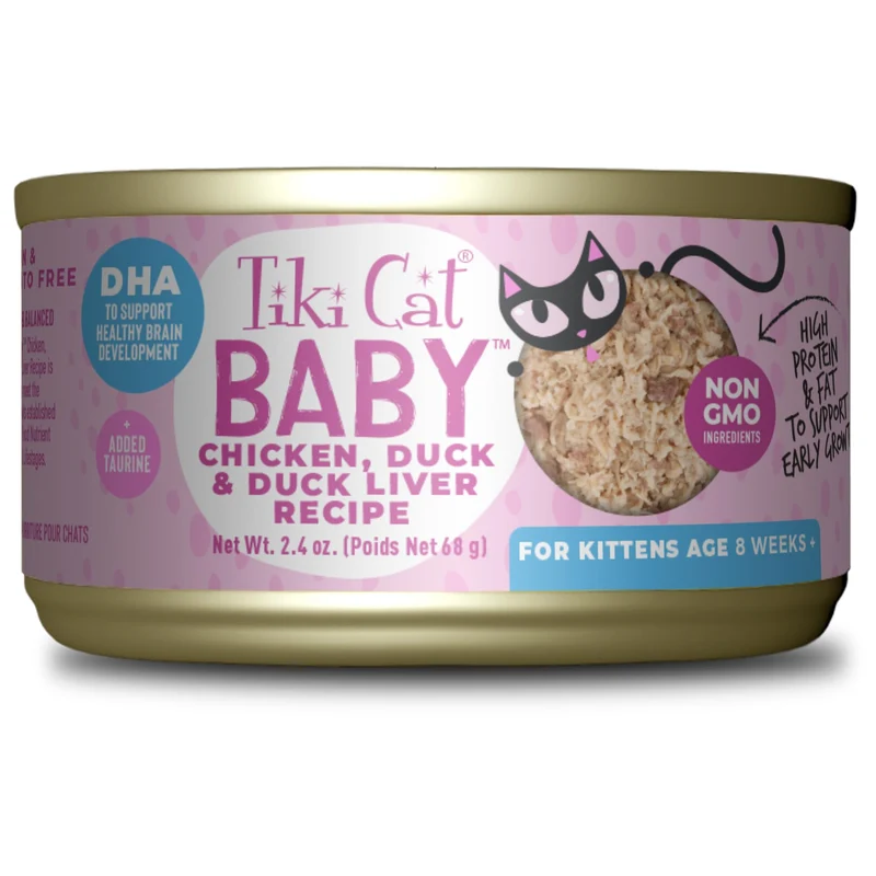 TIKI PETS Baby chatons - Mousse poulet canard et foie, haute protéine, nourriture humide, pack 12 boîtes 2,4 oz