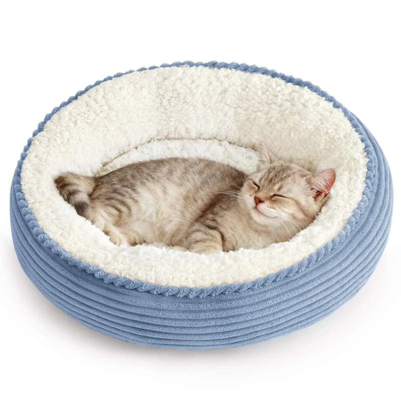 Love's cabin Nid Donut Rond – 20 po pour Chats et Petits Chiens, Antidérapant, Tissu Ultra-Doux, Bleu Rayé