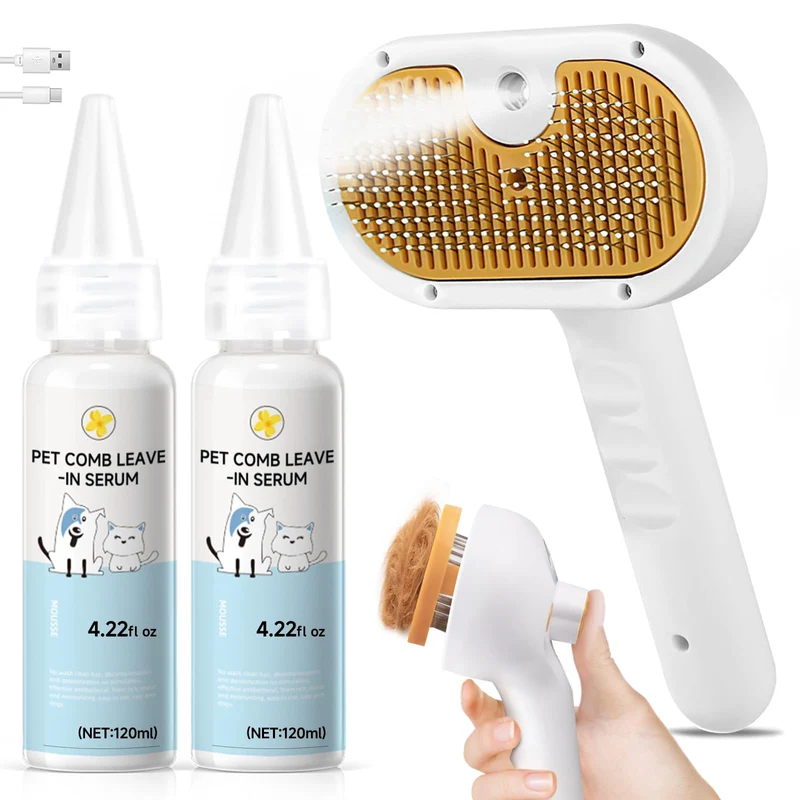 VVWVVW Brosse Vapeur pour Animaux – 3-en-1 Démêlage, Soin Pelage et Anti-Statique (Chien & Chat) – Shampooing Sans Eau Inclus