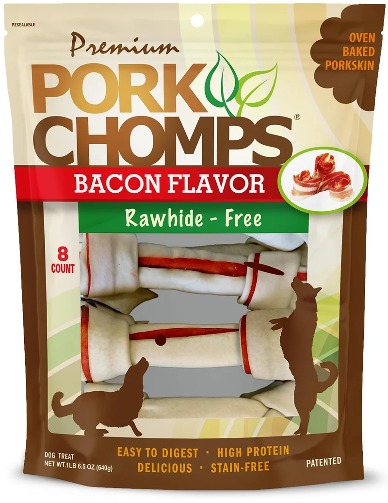 Pork Chomps Nœuds de peau de porc cuits au four – Saveur porc fumé, 8 pièces, 6 po