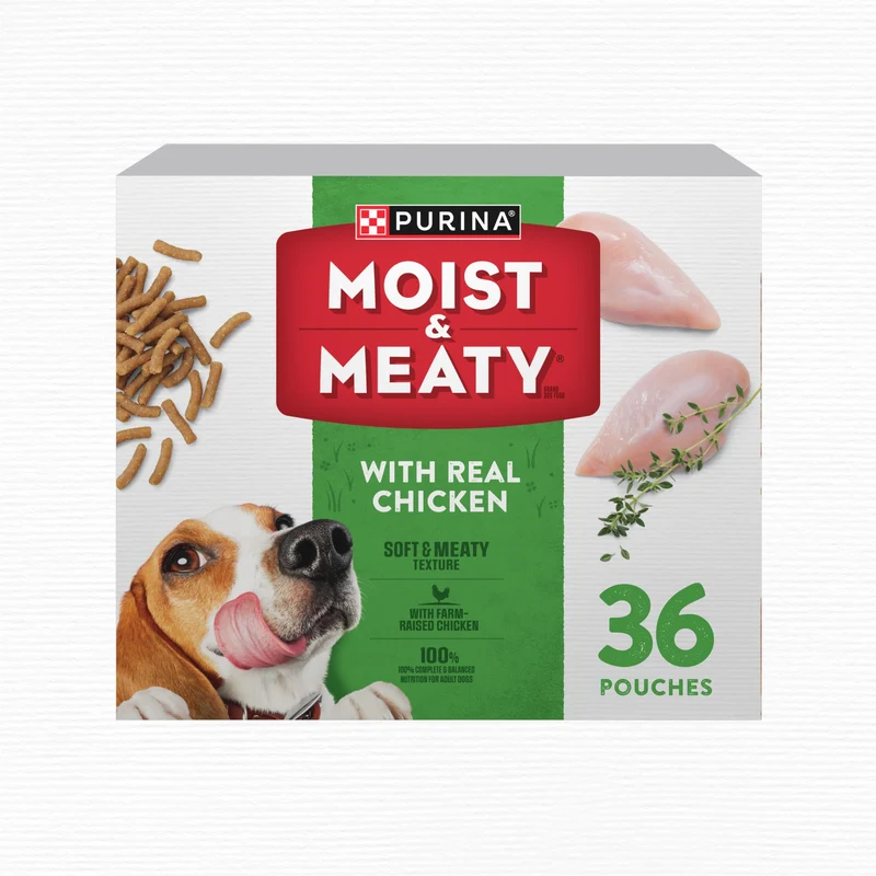 Purina Moist & Meaty avec poulet réel – Sachets nourriture douce pour chien adulte, boîte 36