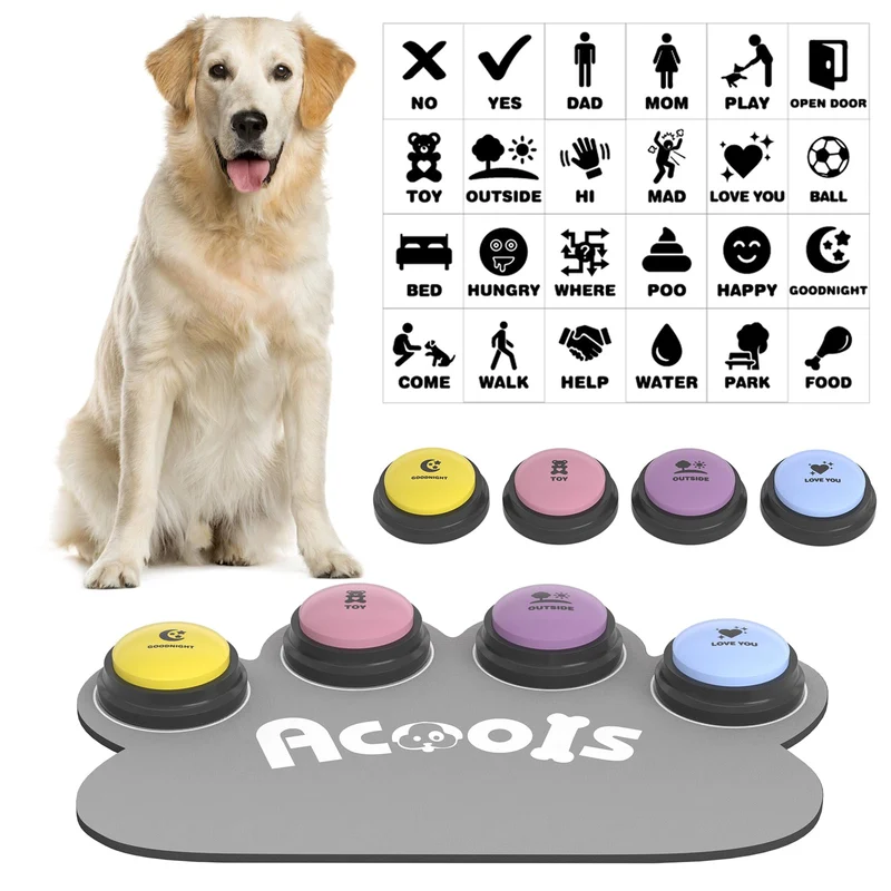 Acools – Ensemble de 4 boutons parlants pour chien | Tapis anti-glisse et 24 stickers