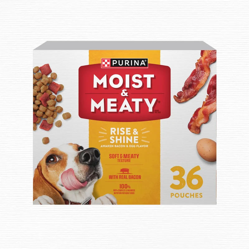 Purina Moist et Meaty Rise and Shine – Poches souples bacon et œuf pour chien adulte, boîte 36 sachets