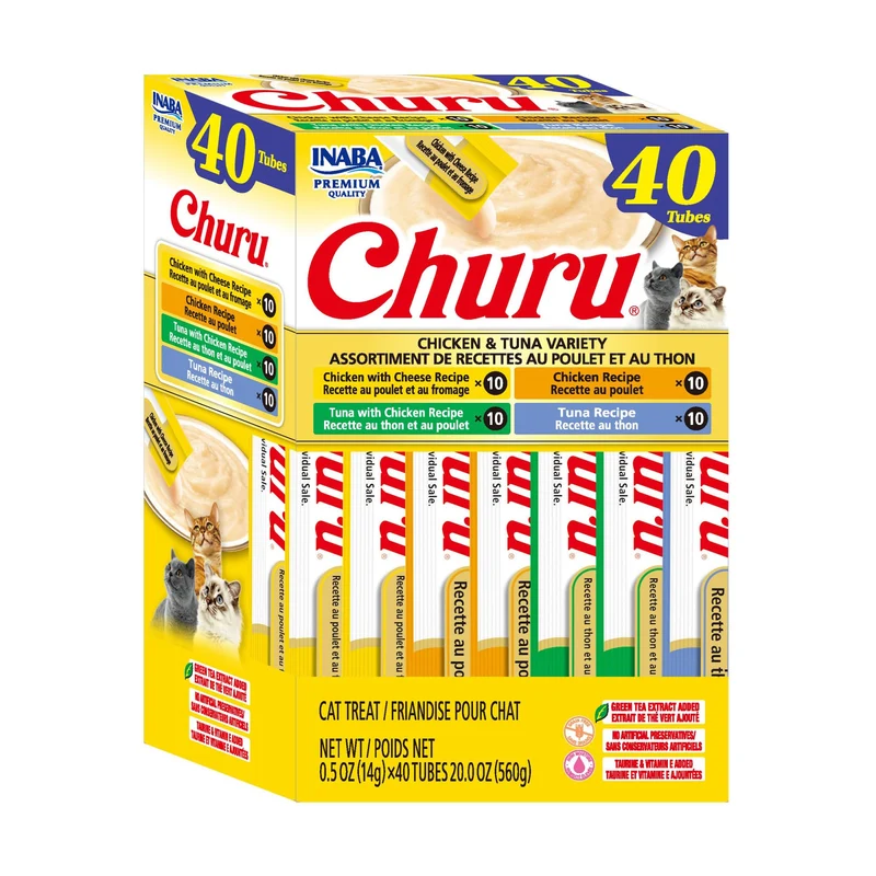 INABA Churu Purée Crémeuse à Lècher pour Chats – Taurine & Thé Vert, 0,5 oz, 40 Tubes, Saveurs Poulet & Thon