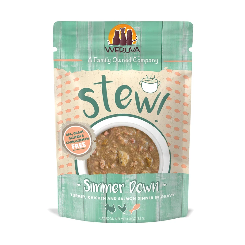 Weruva Classic Cat Stews!, Simmer Down with Turkey, Chicken & Salmon in Gravy, 3oz Pouch (Pack of 12)