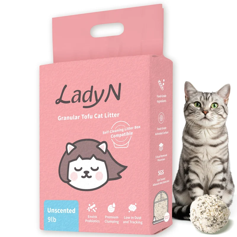 Lady N Litière Tofu Mini-Pellets Granulaires – Compatible Auto-Nettoyante, Agglomération Forte, Charbon Actif, 9 Livres