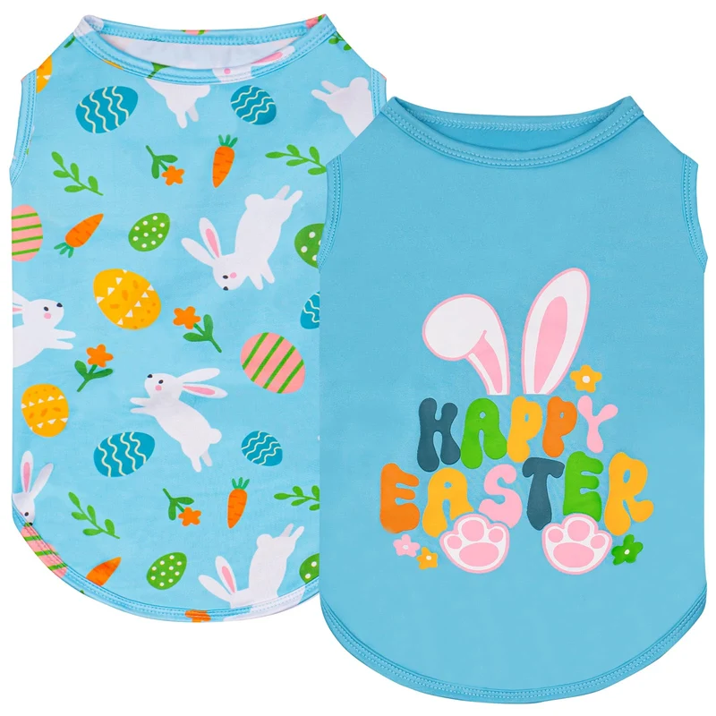KYEESE: 2 Pack Chemises Chien Sans Manches Paques Bleu et Lapin – Confort Léger