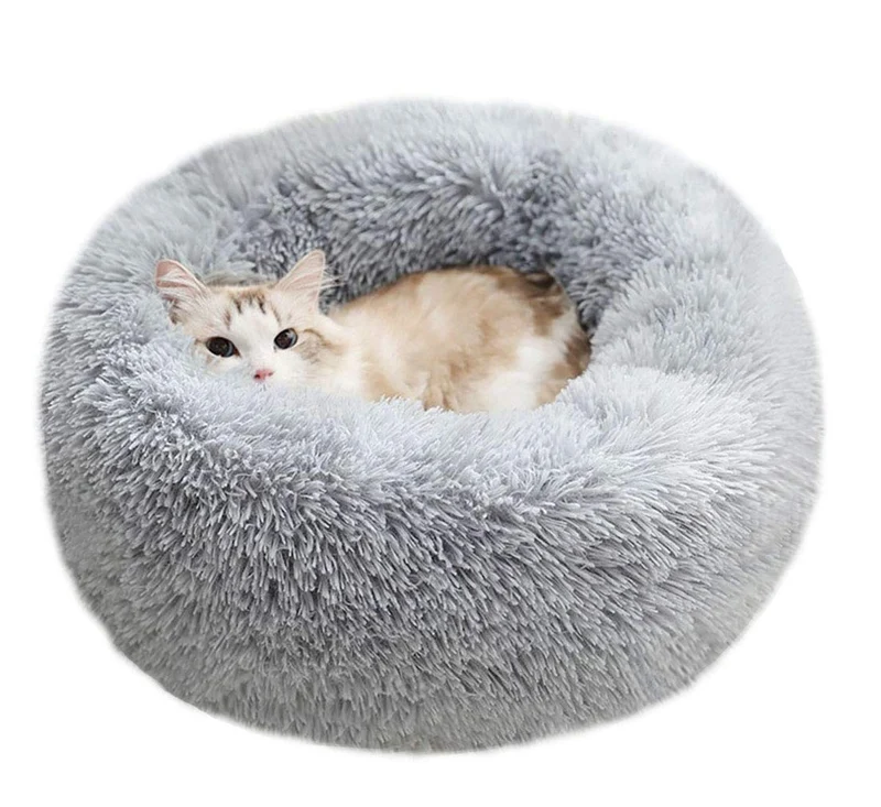 BODISEINT Panier Douillet Rond pour Chats et Petits Chiens – Auto-Chauffant, 24 pouces de diamètre x 8 pouces de hauteur, Gris Clair