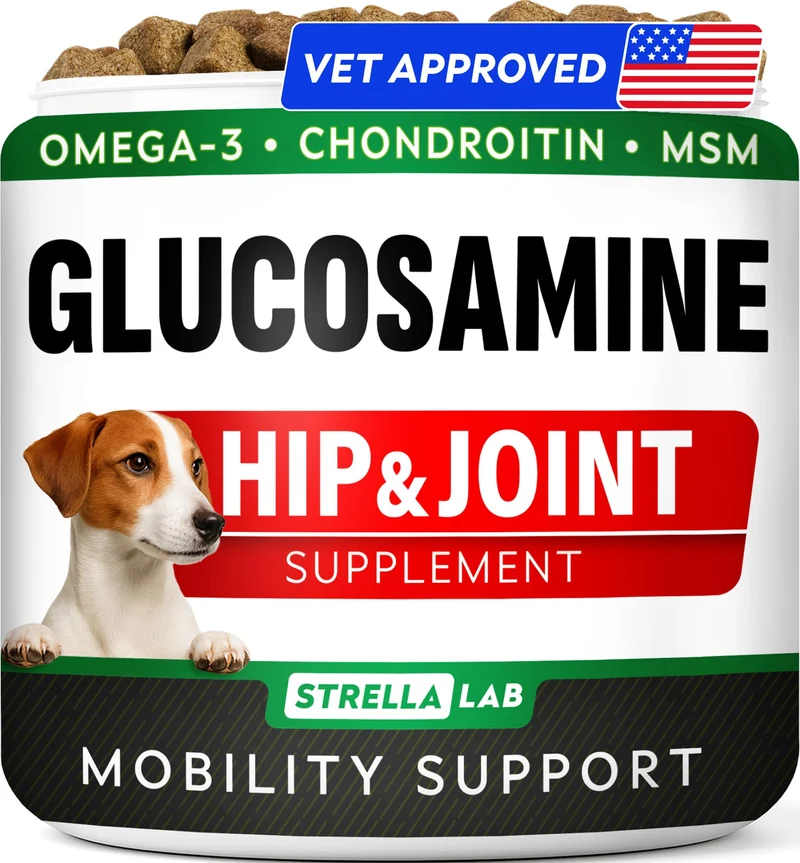 STRELLALAB Glucosamine pour Chiens – Oméga-3, Chondroïtine, MSM – Friandises Mobilité au Poulet – 120 unités – Fabriqué aux États‑Unis