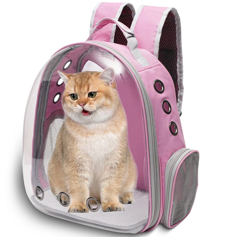 Vivicreate Grand sac à dos pour chat – voyage et randonnée, bulle transparente, ventilation et bretelles rembourrées (rose)