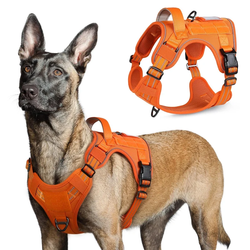 Rabbitgoo Harnais Tactique pour Chien Grand – Anti-Tirage, Poignée, Molle, Réglable, Réfléchissant, Orange, Taille L