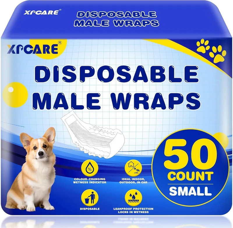 XPCARE – Couches jetables mâle pour chien, 50 unités, taille S, ajustement anti-fuite