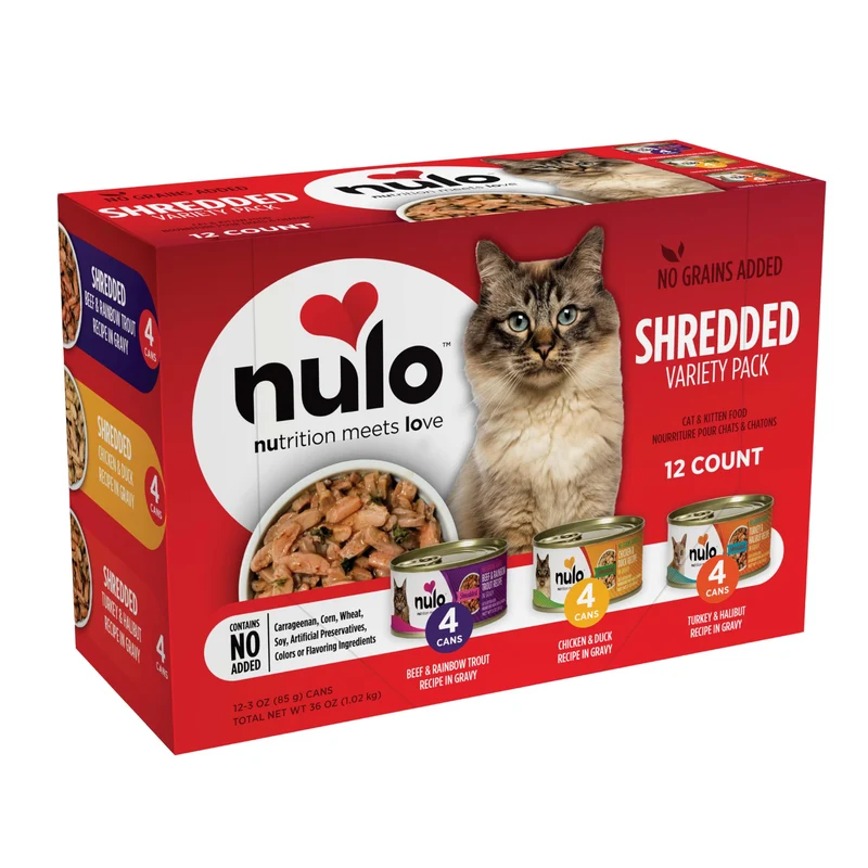 Nulo Nourriture humide pour chat sans céréales — Saveurs variées et morceaux émiettés, pack 12 x 3 oz