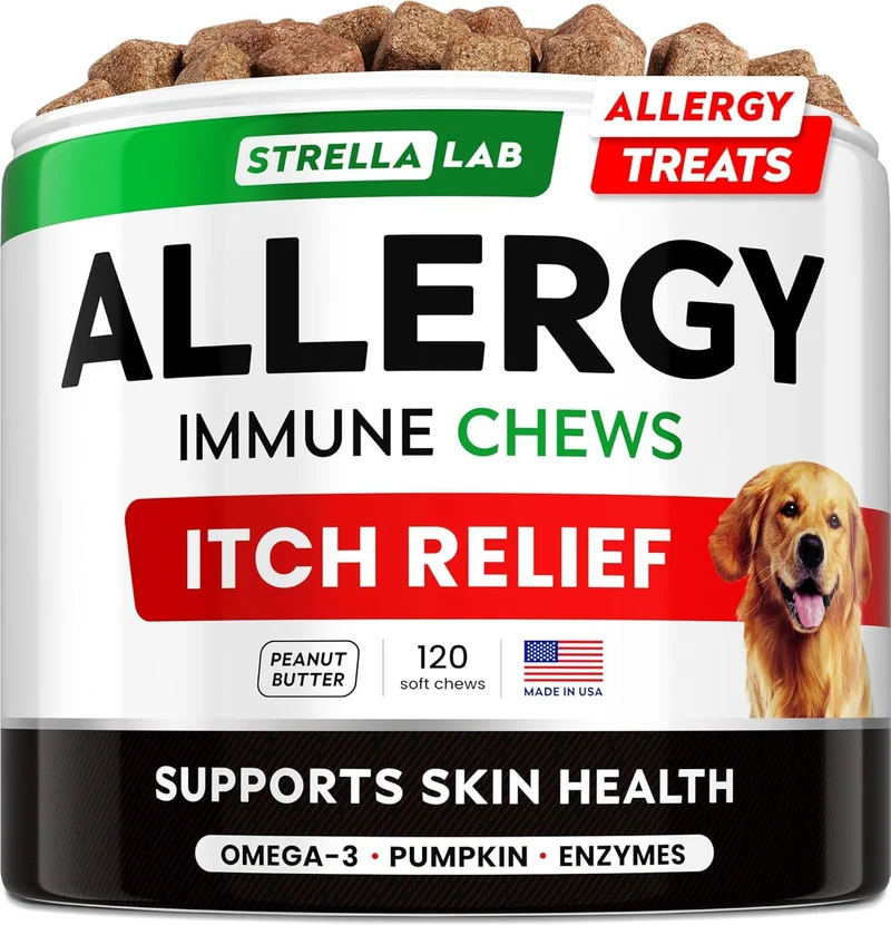 STRELLALAB Friandises pour chien – Allergies et démangeaisons Omega-3, peau et poil | Immunité | 120 bouchées | Fabriqué aux États-Unis