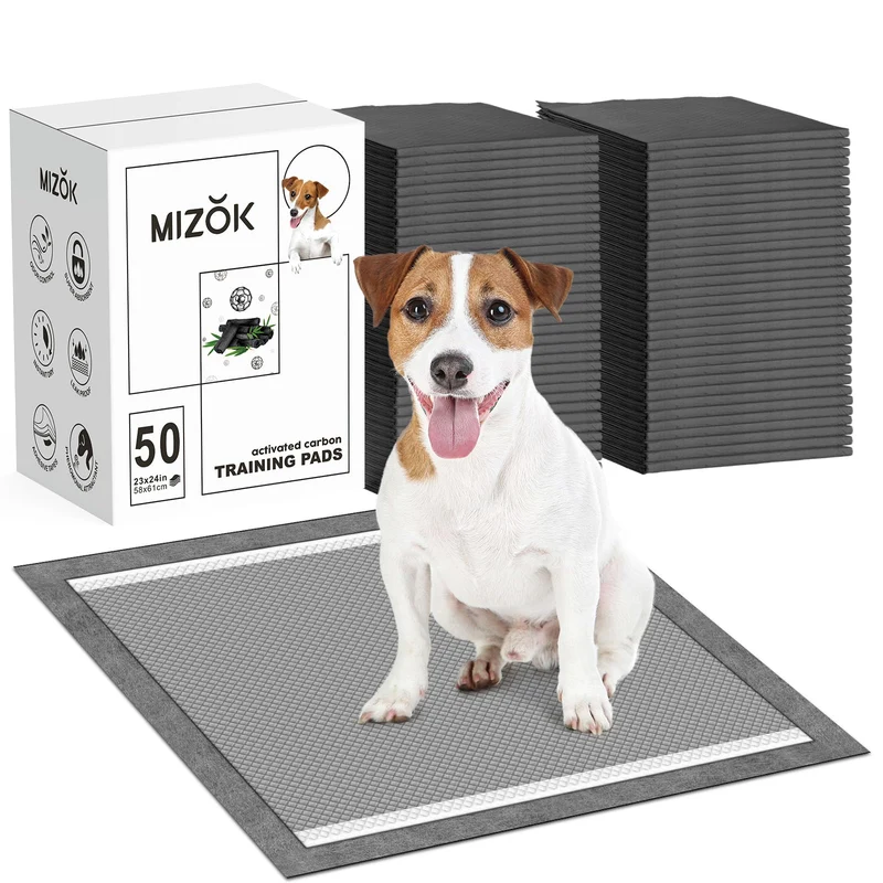 Mizok Tapis-pipi pour Chiens 23x24 – Charbon Actif, Absorption 4 Tasses, 6 Couches, Anti-Fuites (50 pièces)
