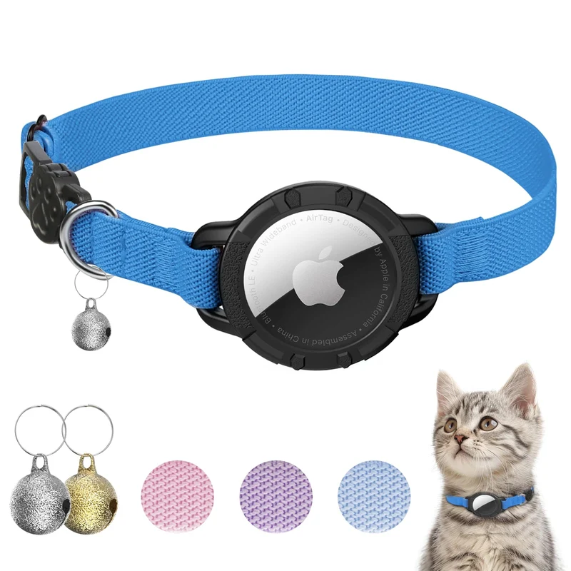 Collier AirTag Sucegi pour Chat et Chiot – Extensible, Cloche et Support AirTag – Bleu Saphir (7,5–12,5 po)