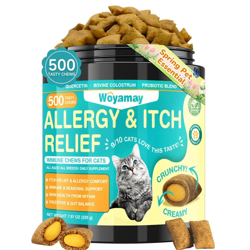 Woyamay Aide Allergie pour Chats – 500 Bouchées Croquantes et Crémeuses, Saveur Poulet