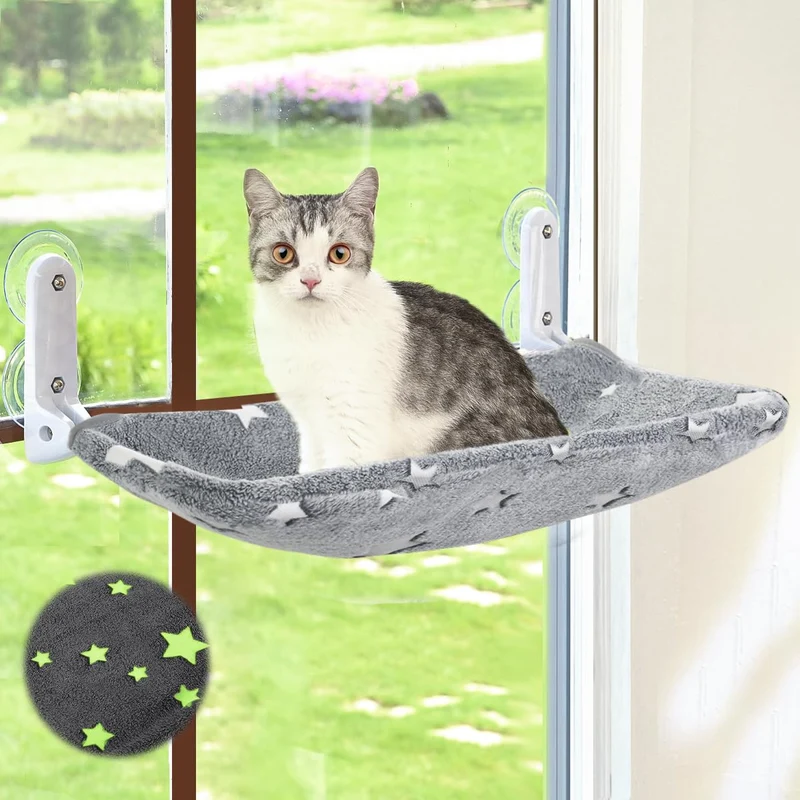 Zoratoo Perchoir Fenêtre pour Chat – Cadre Métal Robuste, Sans Câbles, Pliable, Étoiles Lumineuses (Stars - L)