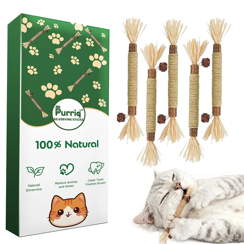 Purriq Bâtons Dentaires en Vigne Argentée pour Chats – Nettoyage Dentaire, Jeux Interactifs (5 pièces)