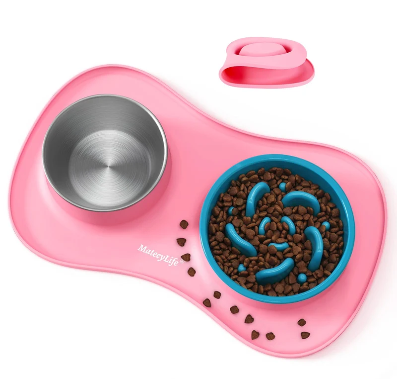 MateeyLife Ensemble 3-en-1 pour Chiens et Chats — Gamelle lente, Bol inox et Tapis Silicone Anti-Eclaboussures