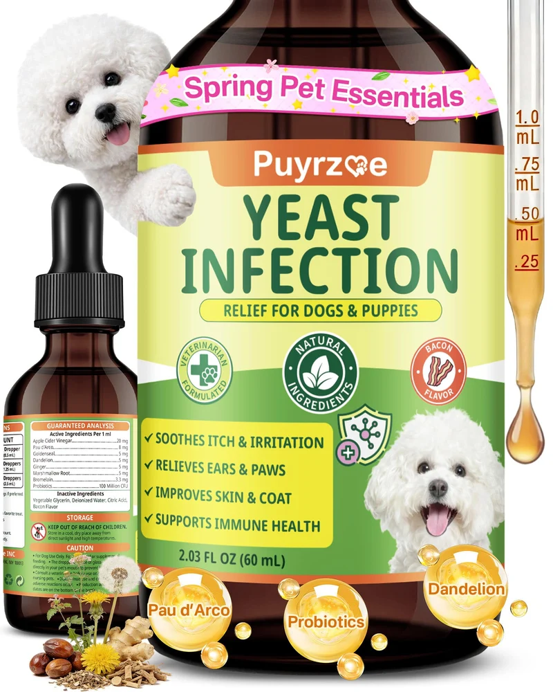Puyrzoe Traitement Naturel d’Infection à la Levure pour Chiens – Oreilles, Peau et Pattes, Soutien Digestif et Immunitaire, 60 ml