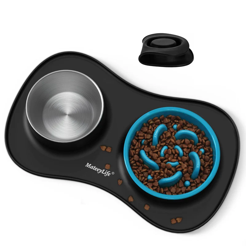 MateeyLife Ensemble Bol 3-en-1 pour Chiens et Chats – Bol Inox + Tapis Silicone Anti-Débordement