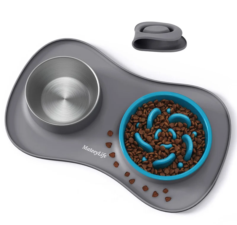 MateeyLife Ensemble Bols 3-en-1 pour Chiens et Chats – Bol Inox et Tapis Silicone Anti-Éclaboussures