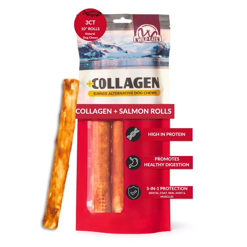 Wild Eats Rouleaux de Joues Saumon – Collagène Retriever, Lot de 3 (10 po) pour Chiens Moyens