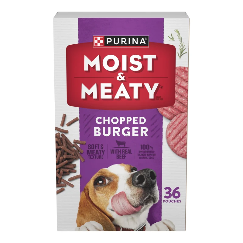 Purina Moist & Meaty – Poches de nourriture humide et tendre pour chien au burger haché, 36 sachets