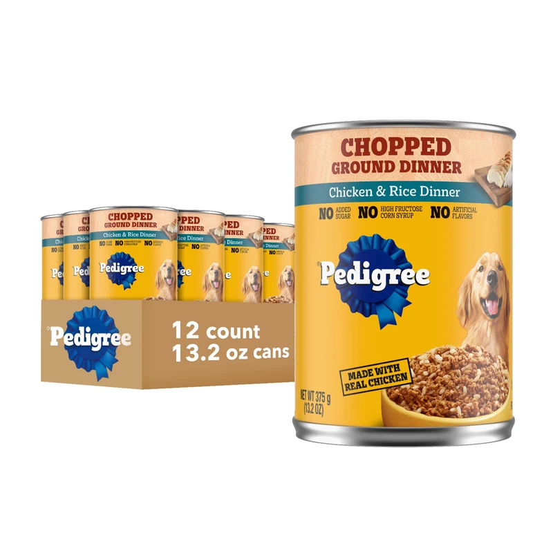 Pedigree Chopped Ground Dinner – Nourriture humide pour chien adulte au poulet et riz, boîtes de 375 g, lot de 12