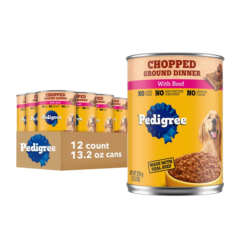 Pedigree Chopped Ground Dinner — Nourriture humide en conserve pour chien adulte au boeuf, 12 boîtes de 13,2 oz
