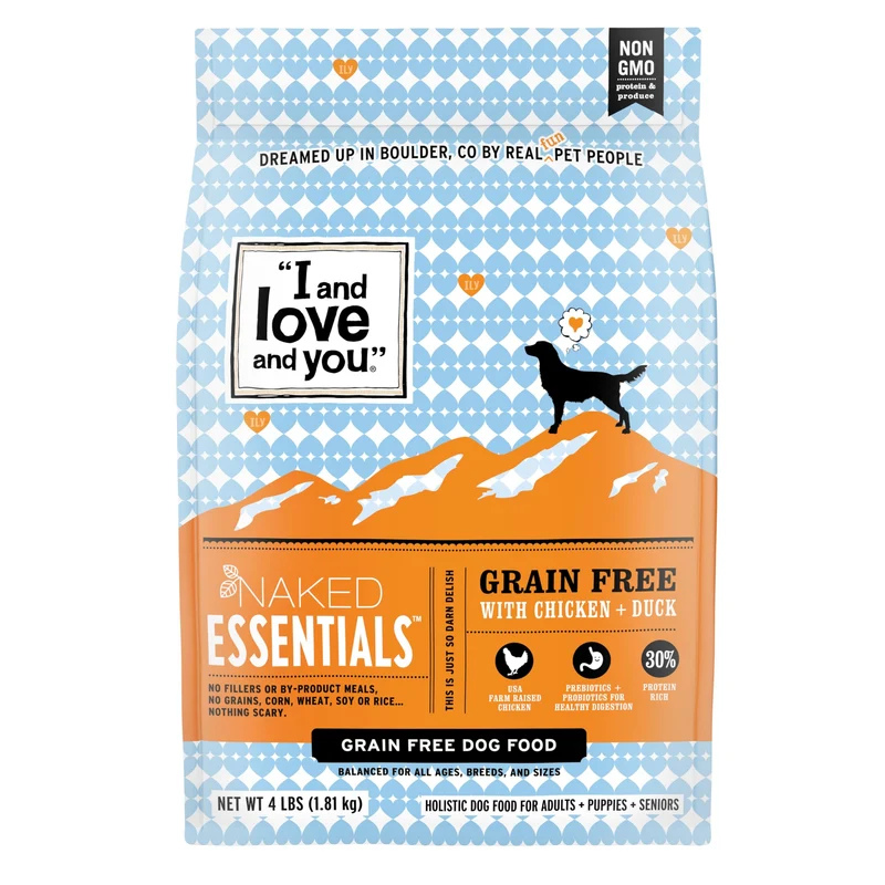 i and love and you Naked Essentials — Croquettes chien poulet et canard, protéines élevées, sans céréales, prébiotiques + probiotiques, 4 lb