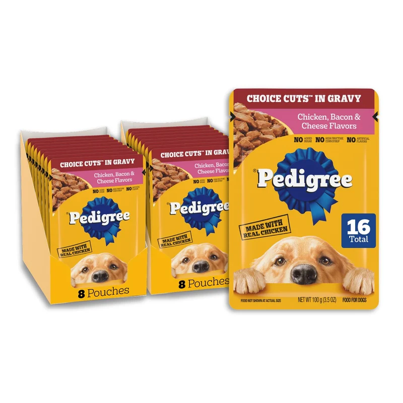 Pedigree Morceaux Choisis dans la Sauce — Aliment Humide pour Chien Adulte, Saveurs Poulet, Bacon et Fromage, Sachets 3,5 oz (environ 100 g), Pack de 16