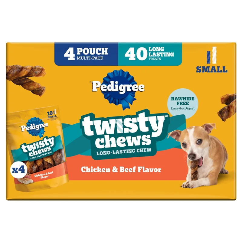 Pedigree Twisty Chews Petites Friandises Dentaires Longue Durée Saveur Poulet et Boeuf, Pochette 9,17 oz, Lot de 4 (40 pièces)