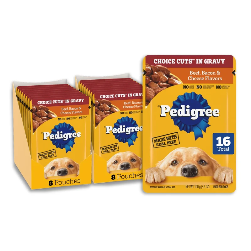Pedigree Choice Cuts en Sauce – Aliment humide pour chien adulte, boeuf, bacon et fromage, 16 sachets de 3,5 oz
