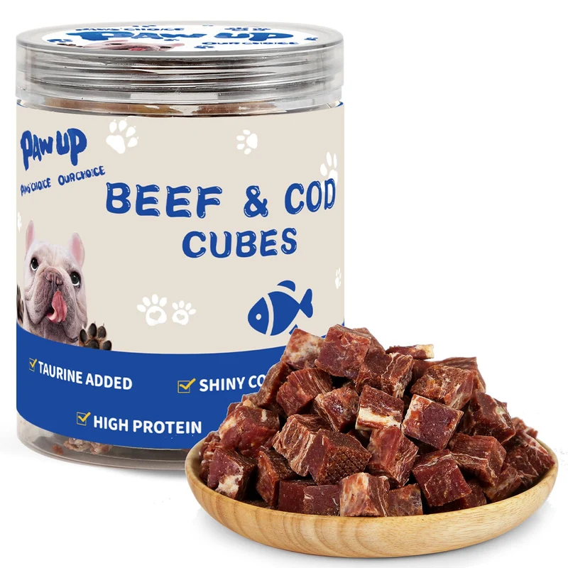PAWUP Friandises d’entraînement pour chien – Cubes Morue et Bœuf, Taurine 1 %, 355 g, Sans gluten et sans cuir