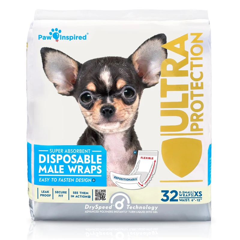 Paw Inspired – Bandes abdominales mâles pour chiens, couches jetables (32 unités, taille XS)