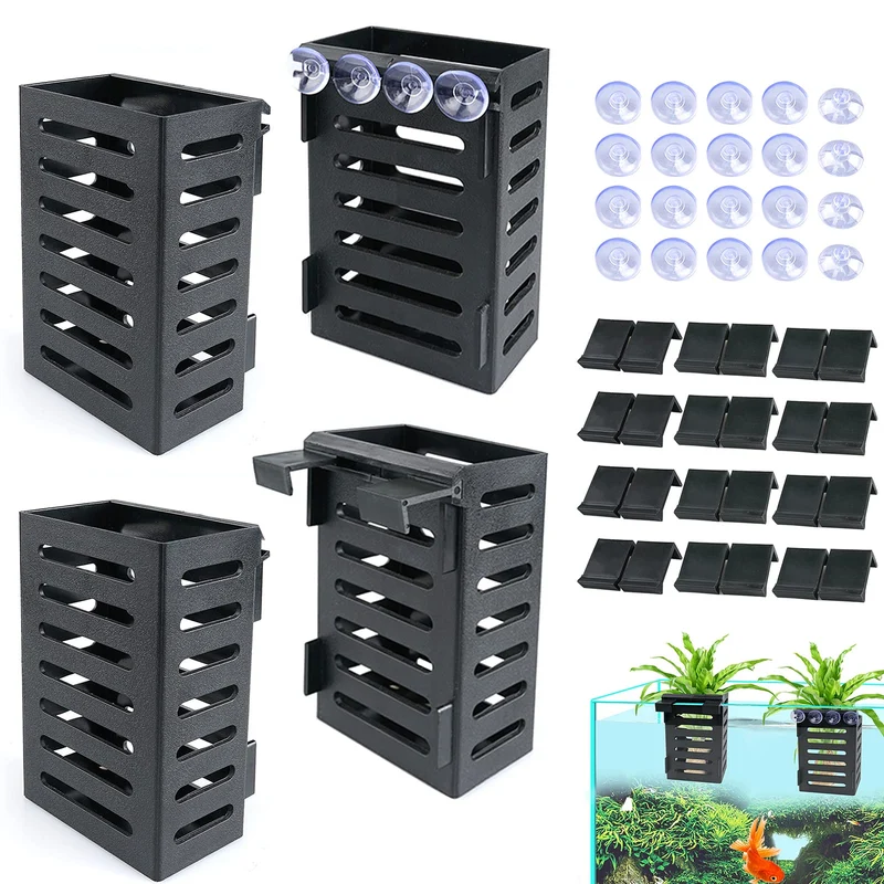 Uprony Porte-Plante pour Aquarium – 4 Pièces avec 24 Crochets et 20 Ventouses (Noir)