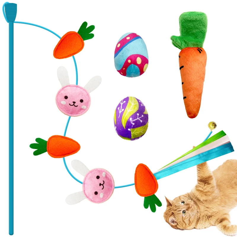 Lepawit – Ensemble de 4 Jouets de Pâques pour Chats : Baguette Lapin avec Cloche et Œufs à l’Herbe à Chat
