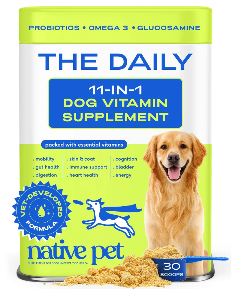 Native Pet – Vitamines et compléments quotidiens pour chiens, poudre multivitaminée 11-en-1 – Santé globale, digestion, mobilité et immunité – 30 dosettes