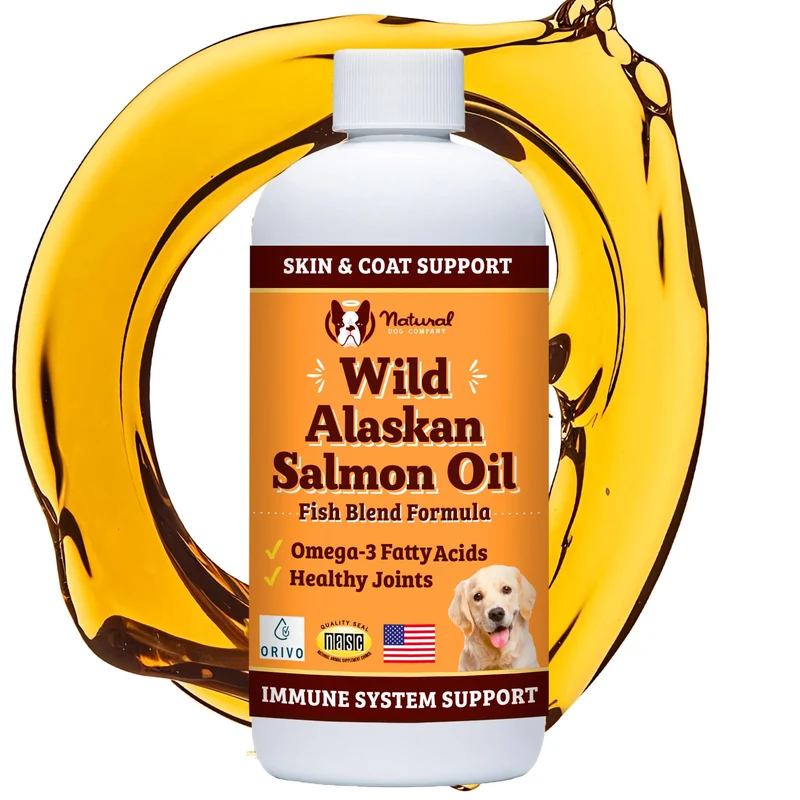 Natural Dog Company Huile de Saumon Sauvage d’Alaska avec Oméga-3 pour Chiens – Soin Peau et Pelage, Soutien des Articulations et du Cœur, Supplément Liquide pour Repas, 240 ml