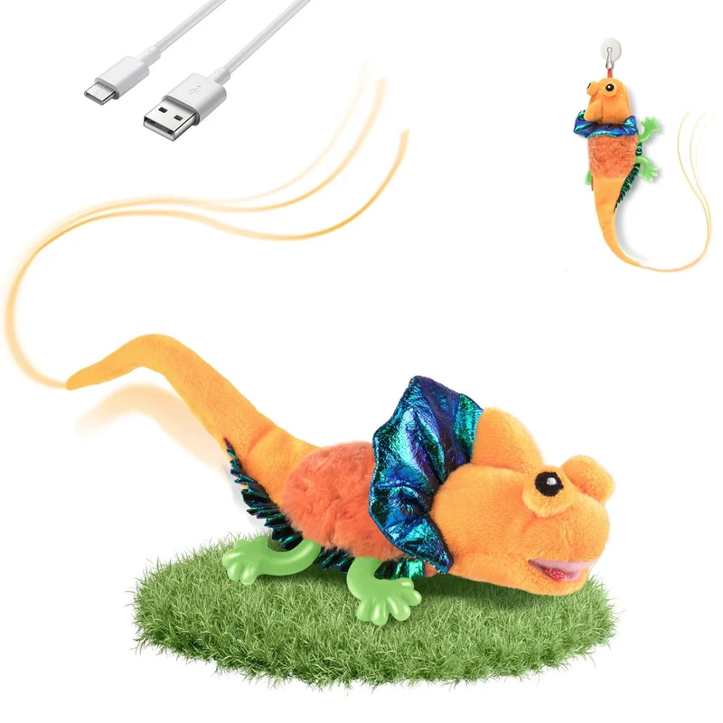 Migipaws Lézard battant et gazouillant – Jouet pour chats d'intérieur, rechargeable (Orange)