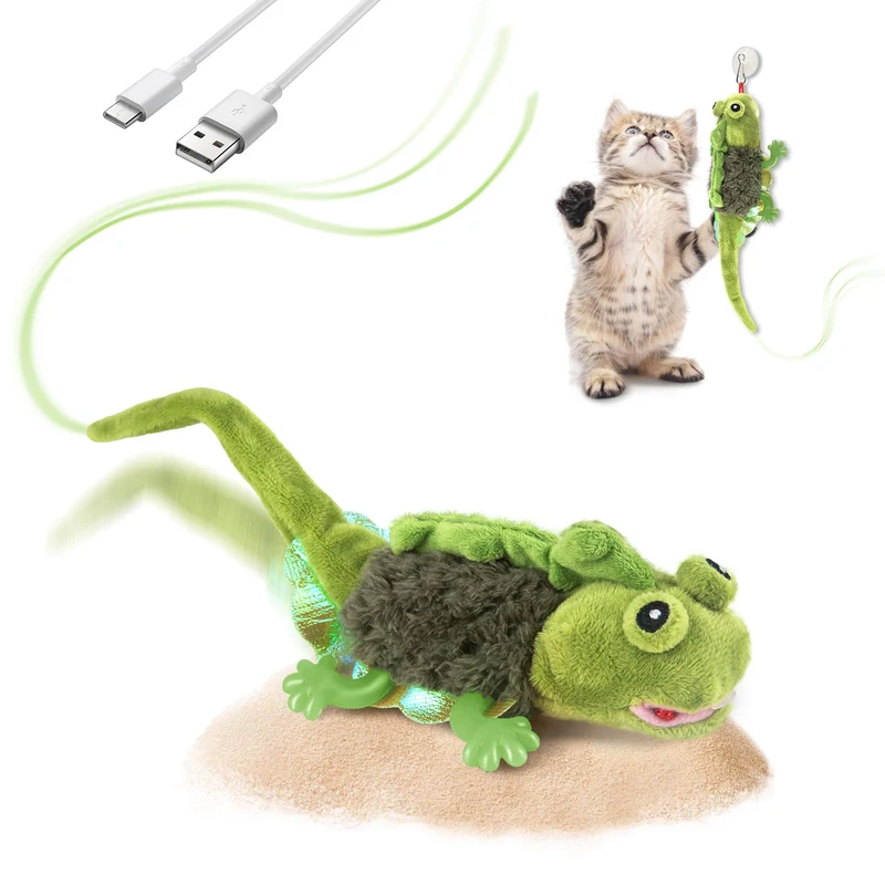 Migipaws Lézard battant et gazouillant – Jouet chat d’intérieur rechargeable (Vert)