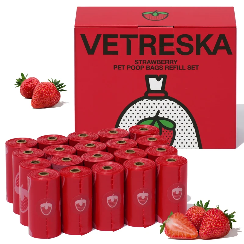 Sacs à crottes Vetreska parfum fraise – Étanches et extra-épais, 300 sacs (20 rouleaux), rouge