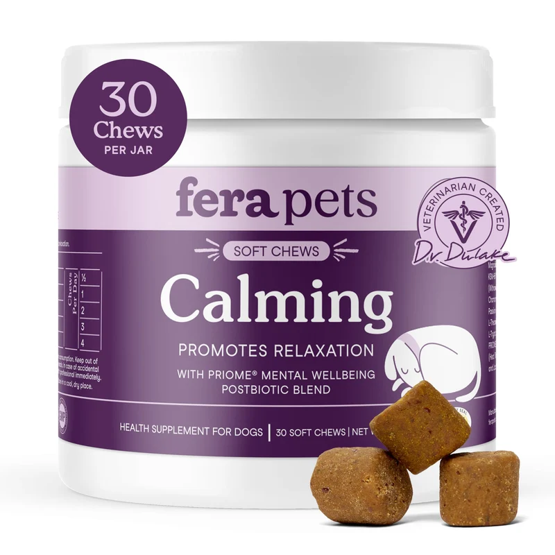 Fera Pets Bouchées Calmantes pour Chiens - Gestion du Stress Quotidien et Séparation - Ashwagandha & Mélange PRIOME - 30 Bouchées Douces